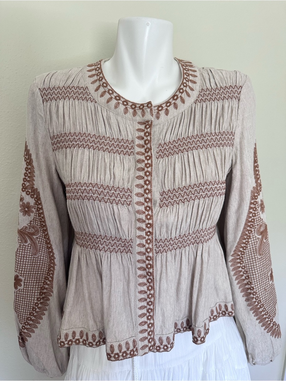 Avec Les Filles Beige Top with Brown Embroidery